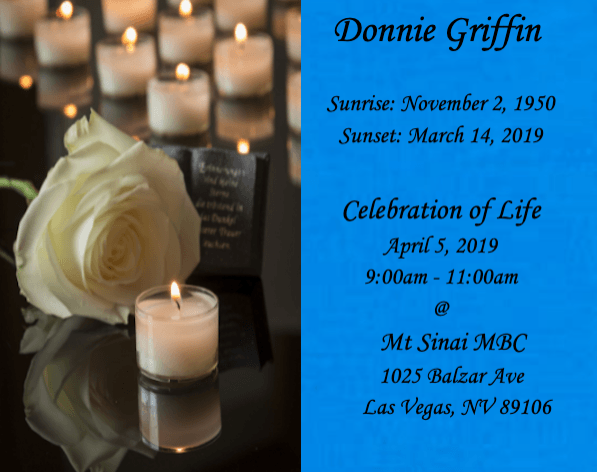 Memorial candle and white rose beside obituary invitation for Donnie Griffin, with service details on blue panel