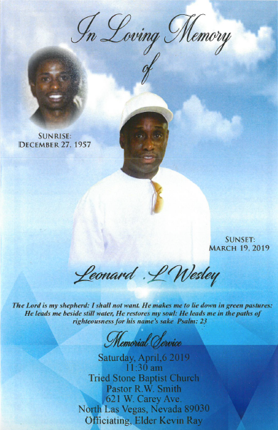 Memorial poster with two portrait photos against a blue sky and clouds, titled “In Loving Memory”