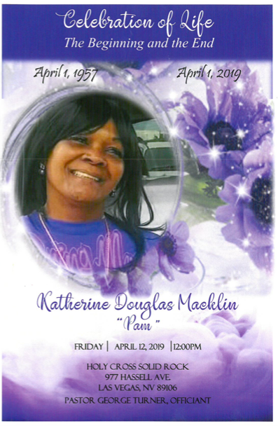 Purple memorial flyer with smiling portrait, flowers, and “Celebration of Life” text for Katherine Douglas MacKlin