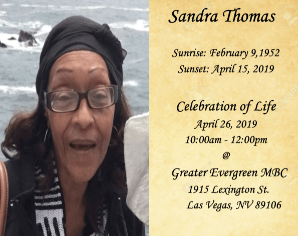 Memorial card for Sandra Thomas with her portrait and service details on a beige background.