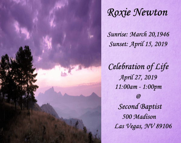 Purple sunset memorial card for Roxie Newton with service details in Las Vegas