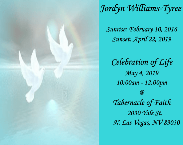 White doves on a blue memorial card for Jordyn Williams-Tyree, with service dates and Tabernacle of Faith.