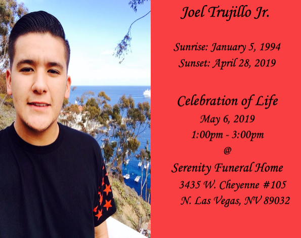 Memorial card with young man’s portrait on left and red text listing service details on right.