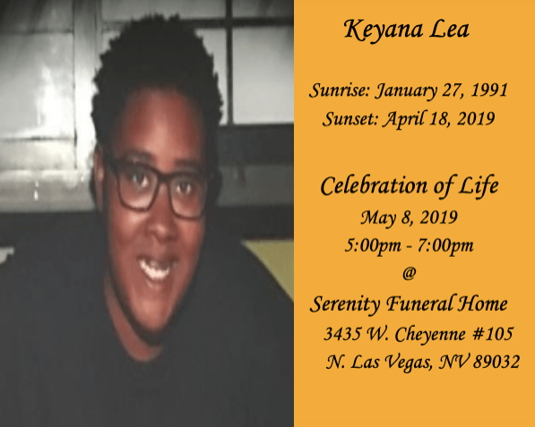 Memorial program with portrait on left and orange tribute text on right, including service details.