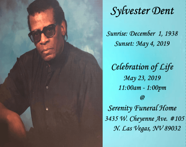 Memorial card for Sylvester Dent with portrait and funeral details on a teal background.