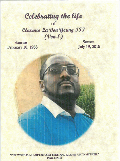 Memorial program cover with portrait, reading “Celebrating the life of Clarence LaVon Young, III (Von-E)”