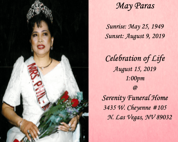 Memorial card for May Paras with portrait, white dress and red sash; Celebration of Life details on pink background