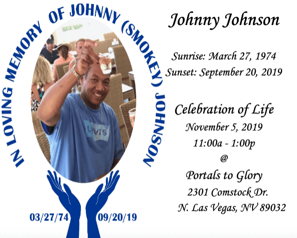 Memorial card for Johnny Johnson with smiling portrait, blue ribbon, and funeral service details.