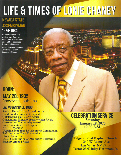 Memorial poster for Life & Times of Lonie Chaney with portrait, dates, and yellow-black event details