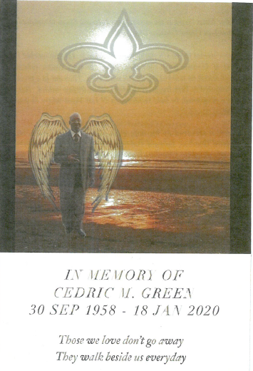 Memorial tribute with sunset scene, fleur-de-lis emblem, and text for Cedric V. Green, 1958–2020