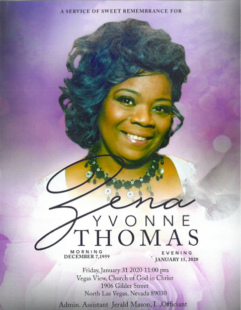Memorial flyer with smiling portrait, purple background, and text for Yvonne Thomas's homegoing service