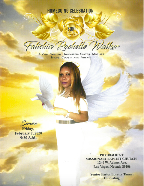 Homegoing celebration flyer with angel wings, golden clouds, and memorial details for February 11, 2023.