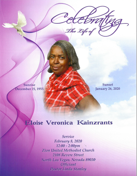 Celebration memorial card with a woman in a red plaid shawl on a pink cloud background and dove