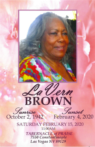 Memorial program cover with a portrait on a pink floral background for LaVern Brown, 1942–2020