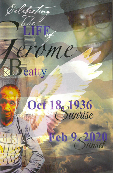 Memorial collage with portraits, white dove, and text for Jerome Beatty, Oct 18, 1936–Feb 9, 2020.