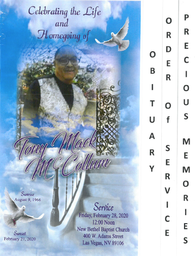Memorial funeral program cover with man’s portrait, white dove, and text: “Celebrating the Life and Memory of”