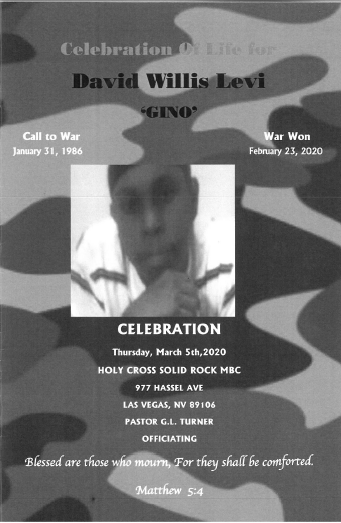 Memorial flyer for David Willis Levi with portrait, celebration details, date, and Chicago venue.