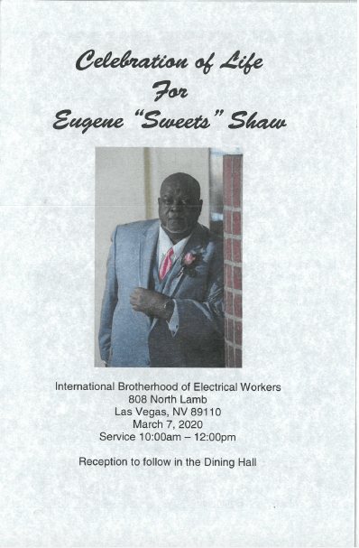 Memorial program cover for Eugene “Sweet” Shaw with portrait and service details