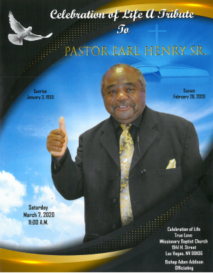 Memorial tribute poster with a smiling man in a suit, blue sky background, and service dates listed around him
