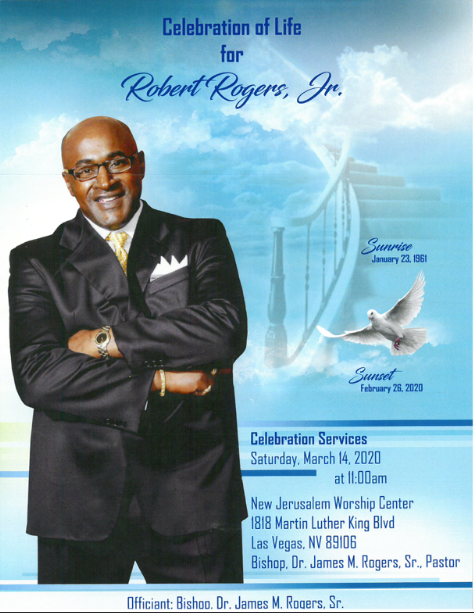 Memorial program cover with a man in a black suit beside a dove and church skyline