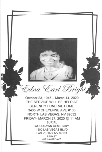 Memorial service flyer with black-and-white portrait, floral border, and service details for March 12, 2020.