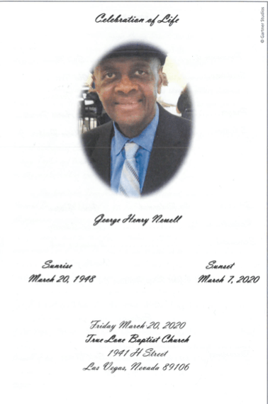 Memorial card with a man’s portrait, dates, and “Celebration of Life” text on a white background