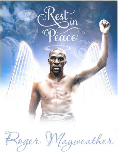 Memorial graphic reading “Rest in Peace” with Roger Mayweather and angel wings on a blue background