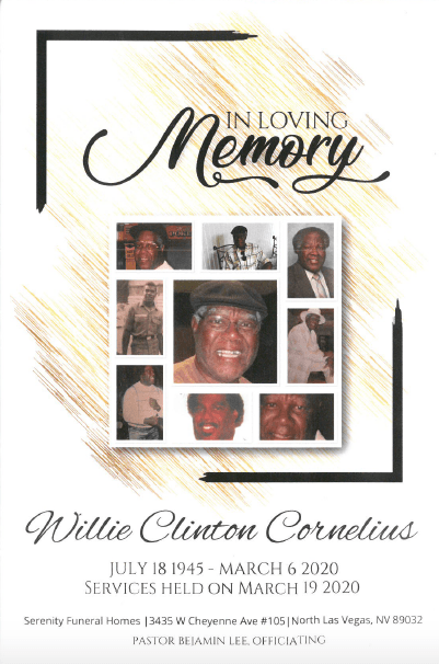 Memorial collage with “In Loving Memory” and tribute text for Willie Clinton Cornelius