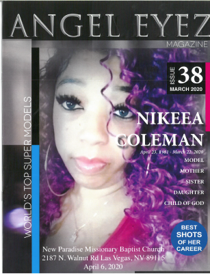Angel Eyez Magazine cover featuring Nikeea Coleman with purple accents and issue #38.