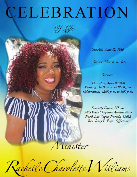 Celebration flyer with smiling woman, blue background, and event details for Rachelle Charlotte Williams