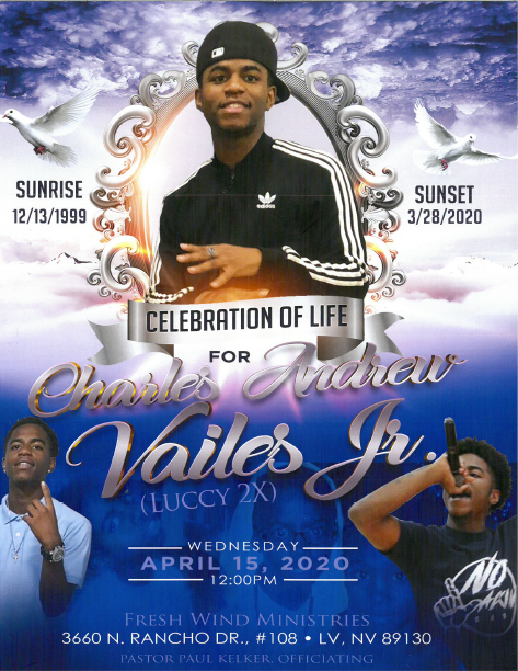 Memorial flyer with central portrait, clouds, purple accents, sunrise/sunset dates, and service details for Andre Vales Jr.