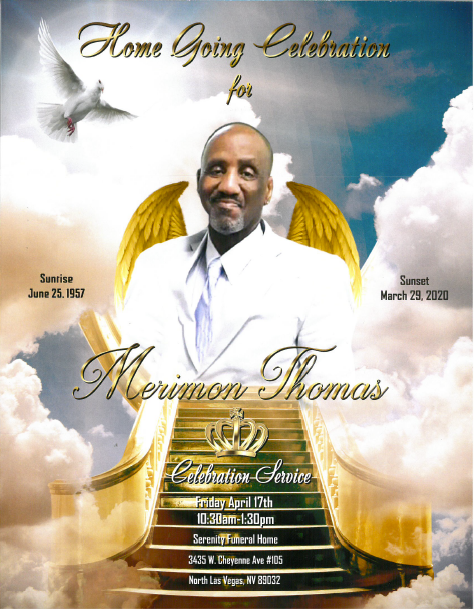 Memorial program for Mourmon Thomas with clouds, golden wings, dove, and candlelight background