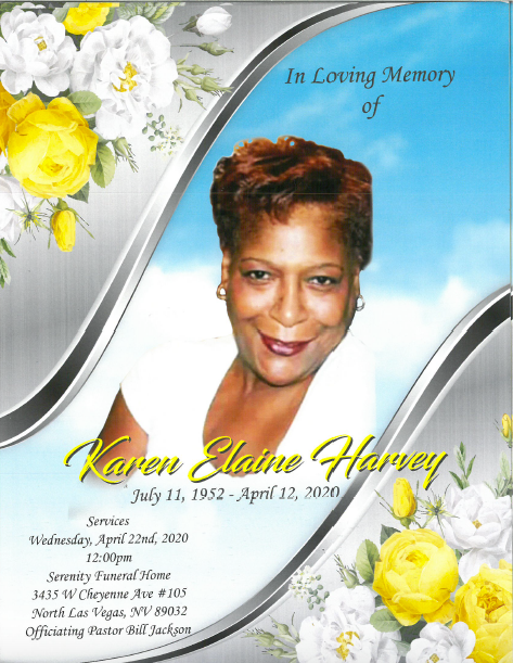 Memorial card for Karen Elaine Harvey with portrait, white roses, and blue sky background