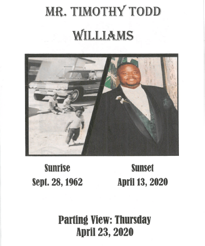 Memorial card for Mr. Timothy Todd Williams with two photos and dates of birth, death, and service.