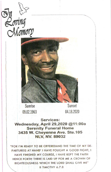 Memorial card with smiling man’s portrait, dove, “Loving Memory,” and service details