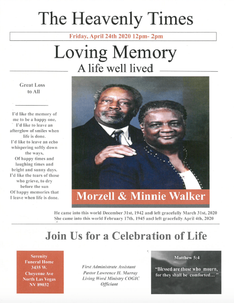 Heavenly Times memorial page for Morzell and Minnie Walker with portrait and “Loving Memory” text