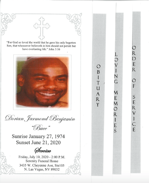 Obituary memorial card with portrait, cross, and service details for Clarence Jameson Brimingham
