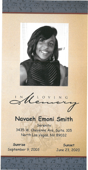 Memorial program cover with black-and-white portrait and text for Naveah Emoni Smith