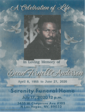 Memorial program cover with portrait, doves, and text honoring Dean Ferrell Anderson, 1955–2020.