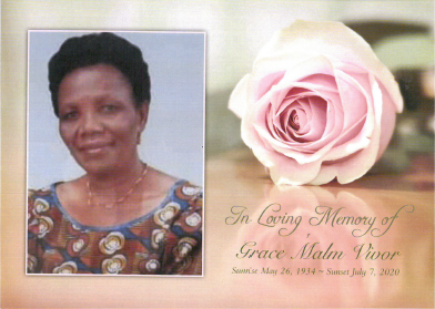 Memorial card with portrait of a woman and a pink rose on a beige background