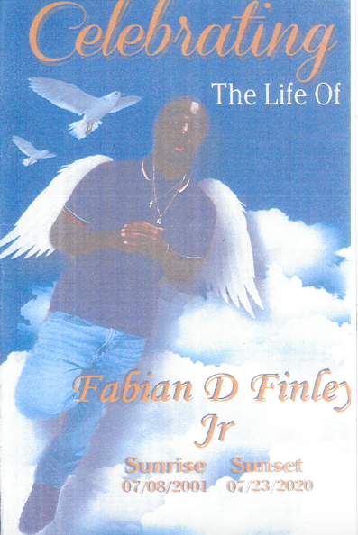 Memorial cover with clouds, doves, and a figure; text reads “Celebrating The Life Of Fabian D. Finlen Jr”