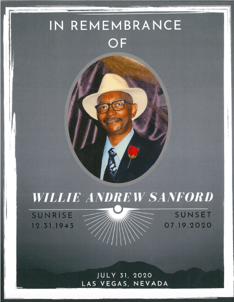 Memorial tribute poster for Willie Andrew Sanford with portrait, sunrise and sunset dates, Las Vegas