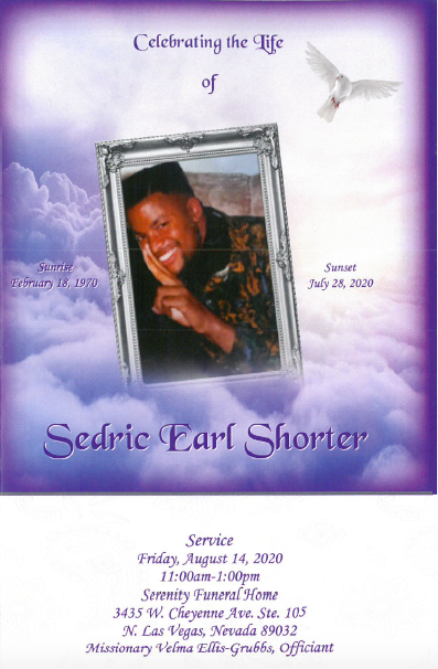Memorial program cover with portrait in purple frame and white dove, honoring Cedric Earl Shoner