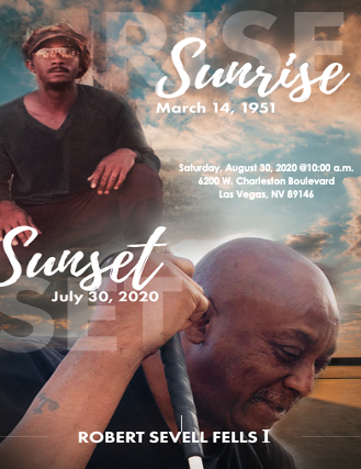 Sunrise and sunset memorial poster with two portraits and event details for Robert Sewell Fells I.