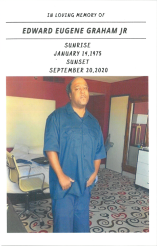 Memorial card with a man in blue scrubs standing indoors and text honoring Edward Eugene Graham Jr.