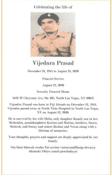 Memorial flyer for Vijendra Prasad with portrait and service details on a white background