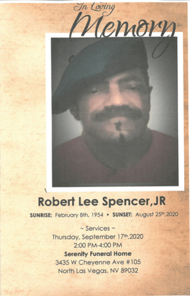 Memorial obituary card with portrait, honoring Robert Lee Spencer, JR, services listed below.