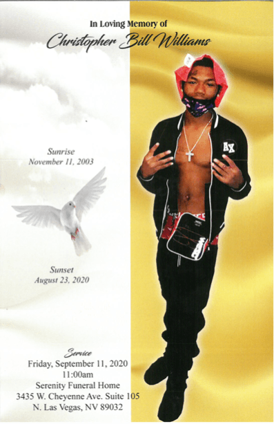 Memorial card for Christopher “Bull” Williams with portrait on gold background and dove graphic