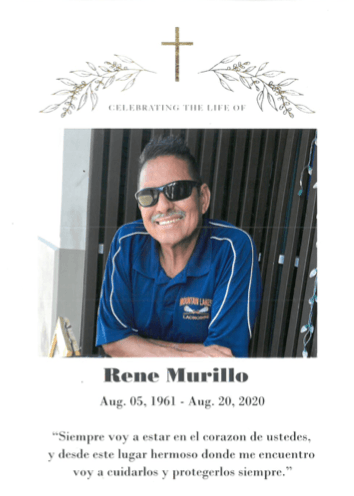 Memorial card with a smiling man in sunglasses, blue shirt, and dates Aug. 05, 1961 - Aug. 20, 2020