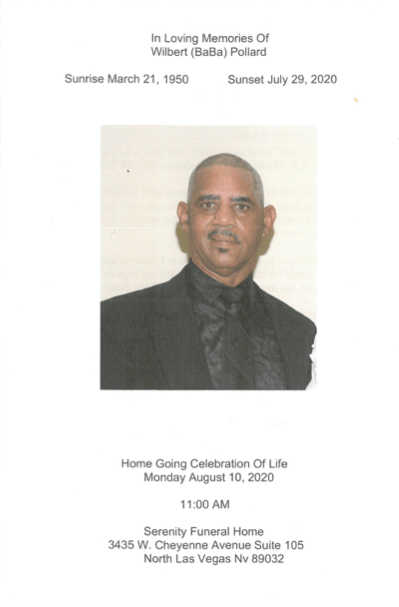 Funeral program cover with a portrait of a man in a dark suit, white background, and memorial text.